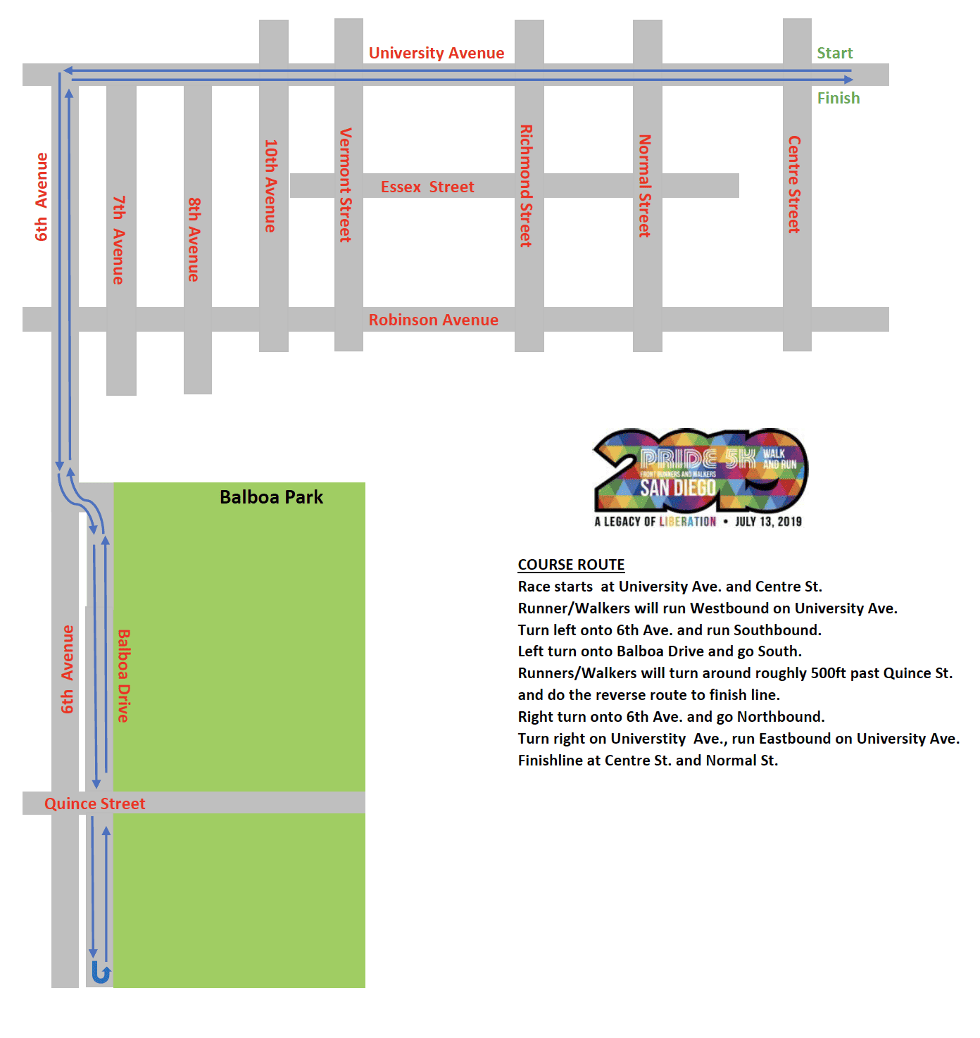 Route map of San Diego Pride 5K, July event